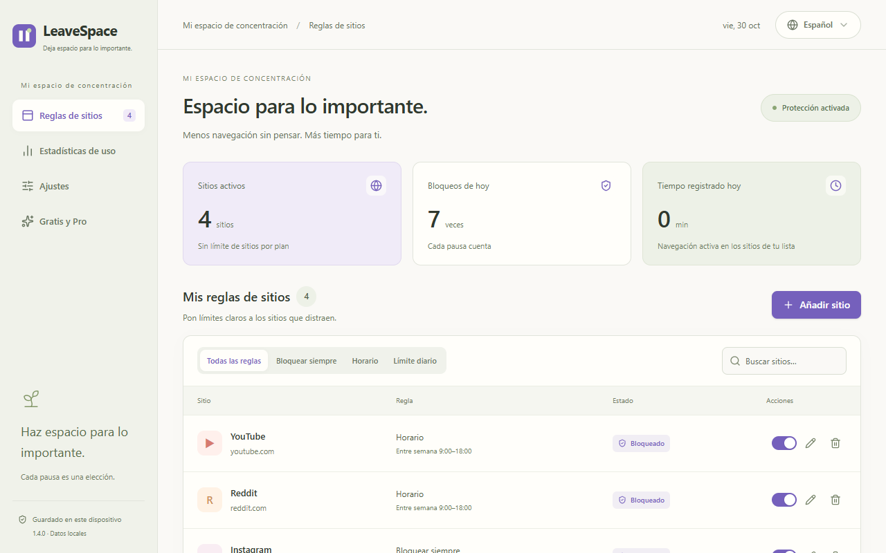 Interfaz real de la extensión con reglas de ejemplo.